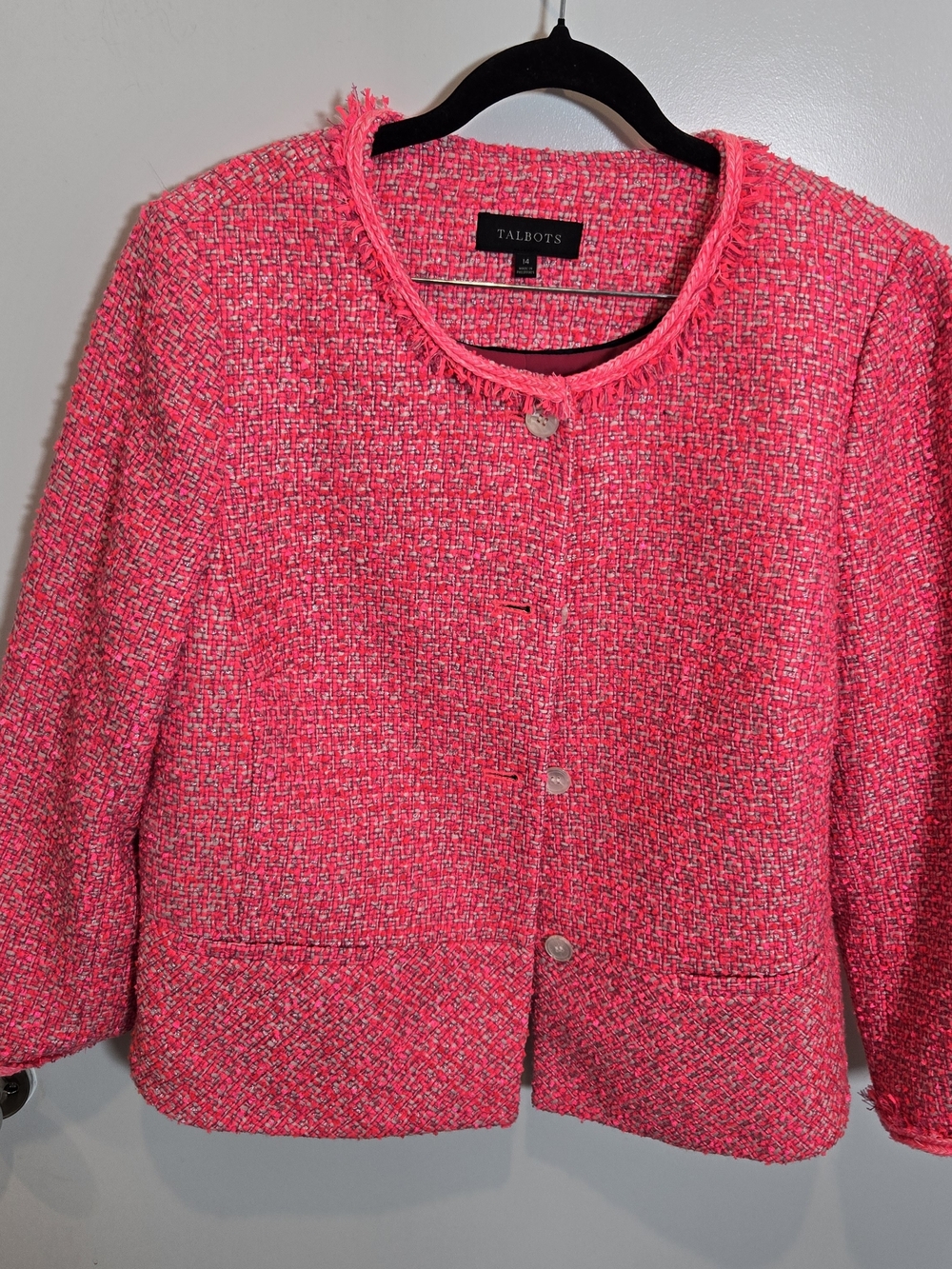 Talbots Hot Pink Tweed Fringe Collar Jacket